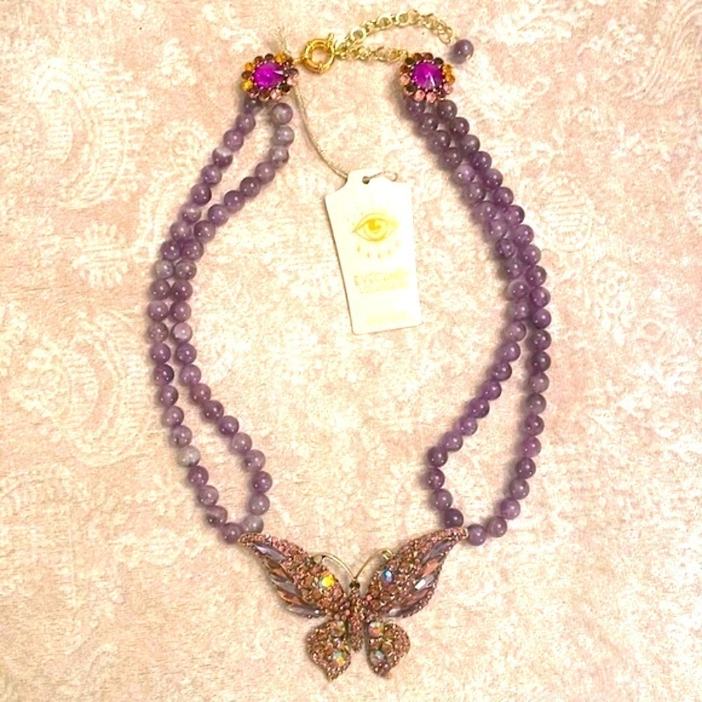 Brand New Eye Candy Purple Amethyst Stone Beaded Statement Butterfly Necklace